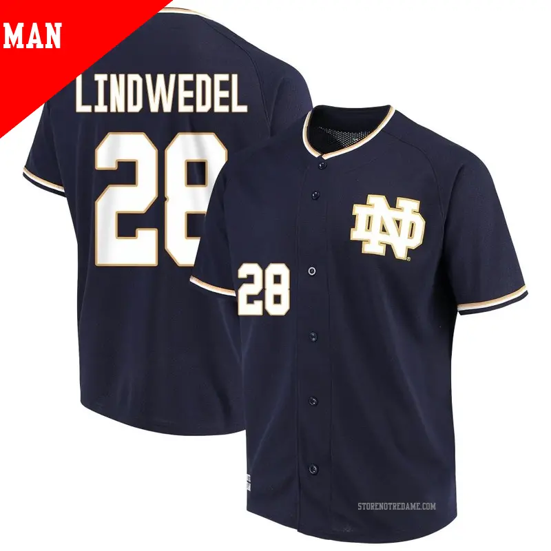 Men's ＃28 Tony Lindwedel Notre Dame Fighting Irish Replica Navy Performance Baseball Jersey