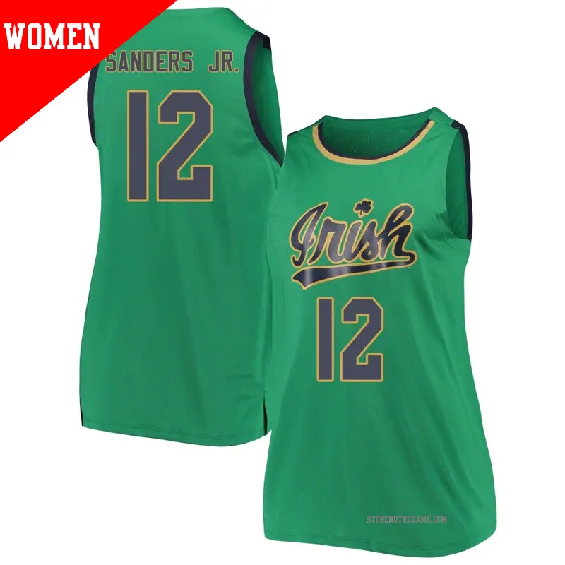 Women's ＃12 Tony Sanders Jr. Notre Dame Fighting Irish Replica Green Kelly Basketball Jerseys