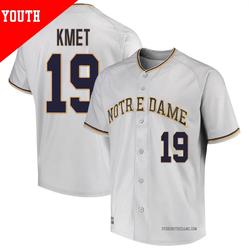 Youth ＃19 Casey Kmet Notre Dame Fighting Irish Replica Gray Performance Baseball Jersey
