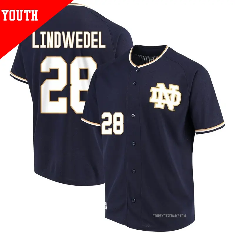 Youth ＃28 Tony Lindwedel Notre Dame Fighting Irish Replica Navy Performance Baseball Jersey