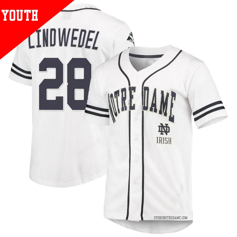 Youth ＃28 Tony Lindwedel Notre Dame Fighting Irish Replica White/Navy Colosseum Free Spirited Baseball Jersey